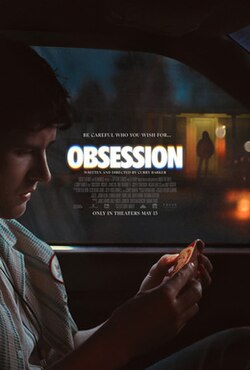 Movie poster: man in car at night, lit by his phone; title "OBSESSION"