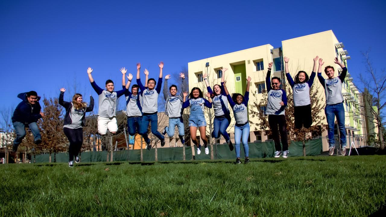 A large group of students smiles and jumps in the air with their hands up.