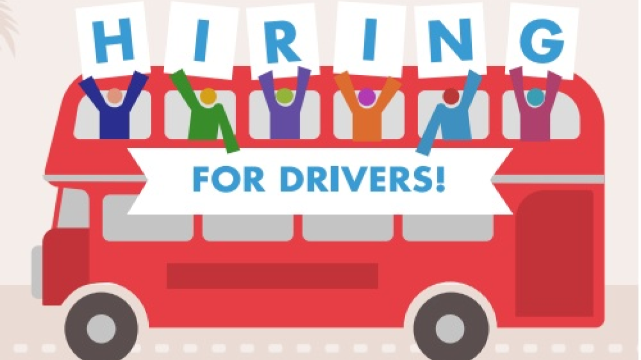 illustration of double decker bus with people holding signs spelling "hiring for drivers"