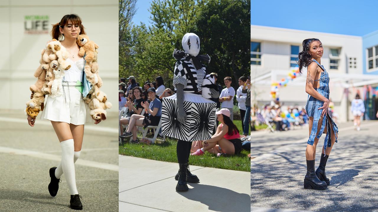 The photo features three different vertical shots of garments from the 2023 Picnic Day fashion show. The shot most right has a girl in blue denim smiling at the camera, while the shot in middle shows someone in a black-and-white clown garment walking down the runway. The shot most left shows a girl mid-walk wearing a jacket with teddy bears stitched upon it.