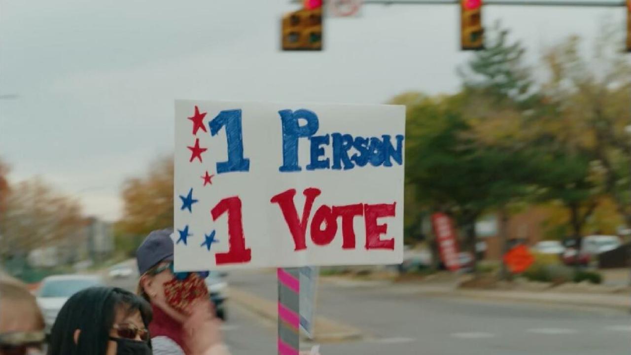 image of a sign that says 1 person 1 vote