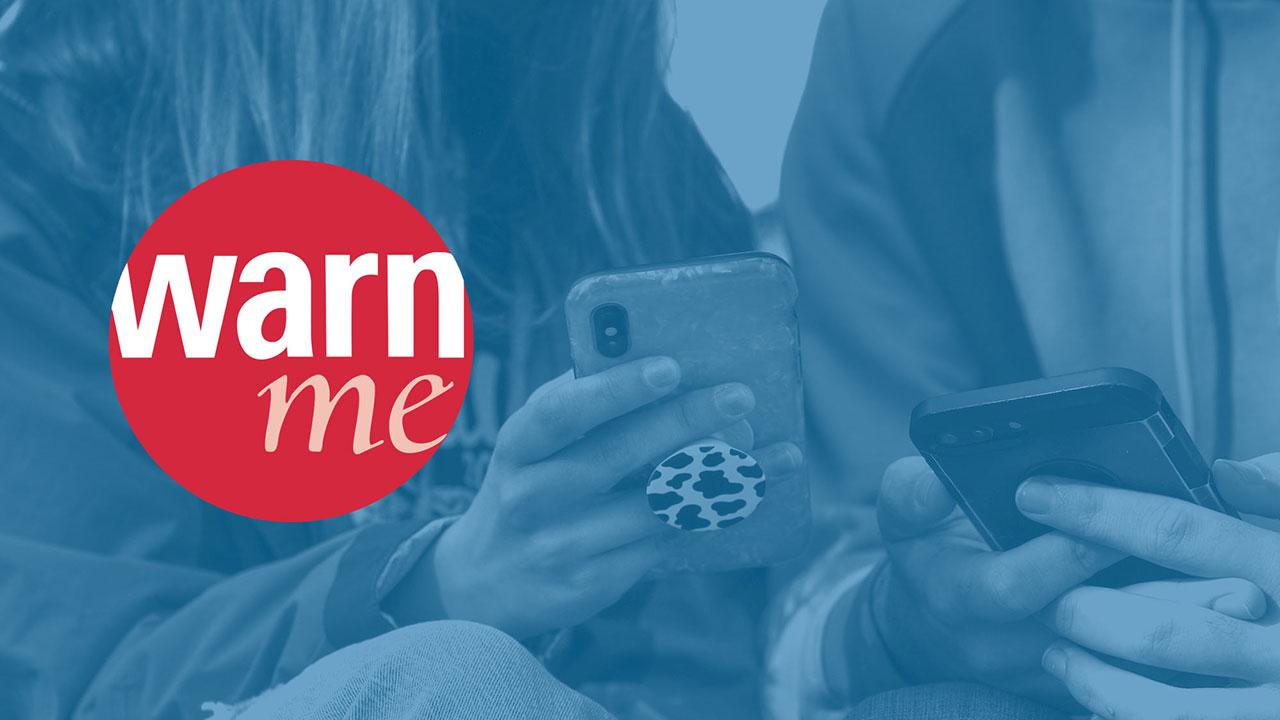 Graphic with warn me logo and a plus sign
