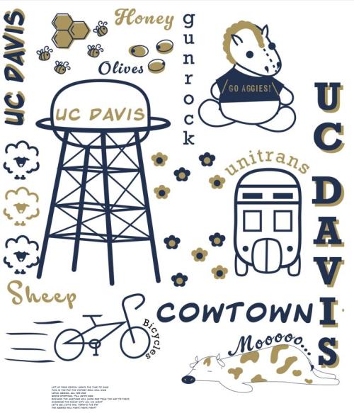 Collage of UC Davis illustrations including the water tower, double decker bus, bicycles and more