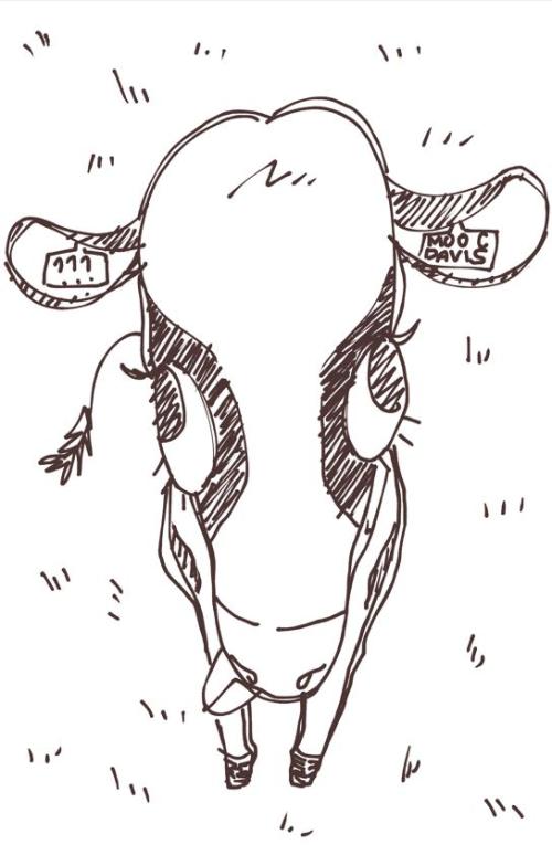 illustration of cow looking head on with ear tag reading Moo C Davis