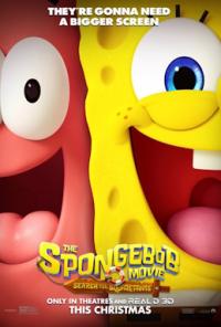 SpongeBob and Patrick smiling widely, promoting "The SpongeBob Movie" for Christmas release.