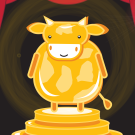 illustrated cow statue in front of red theatre curtains